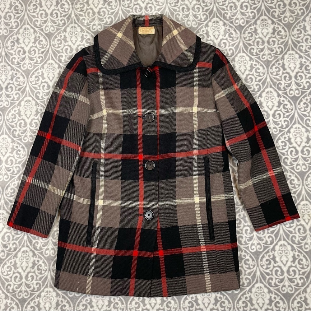 vintage pendleton plaid jacket high collar brown black lightweight 50's women 16